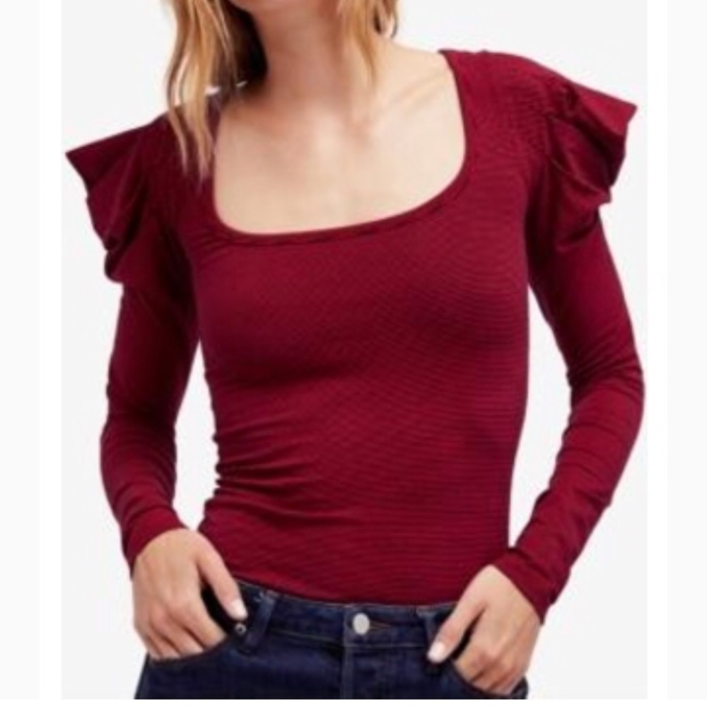 Free People Red Penelope Puff Sleeve Tee Shirt